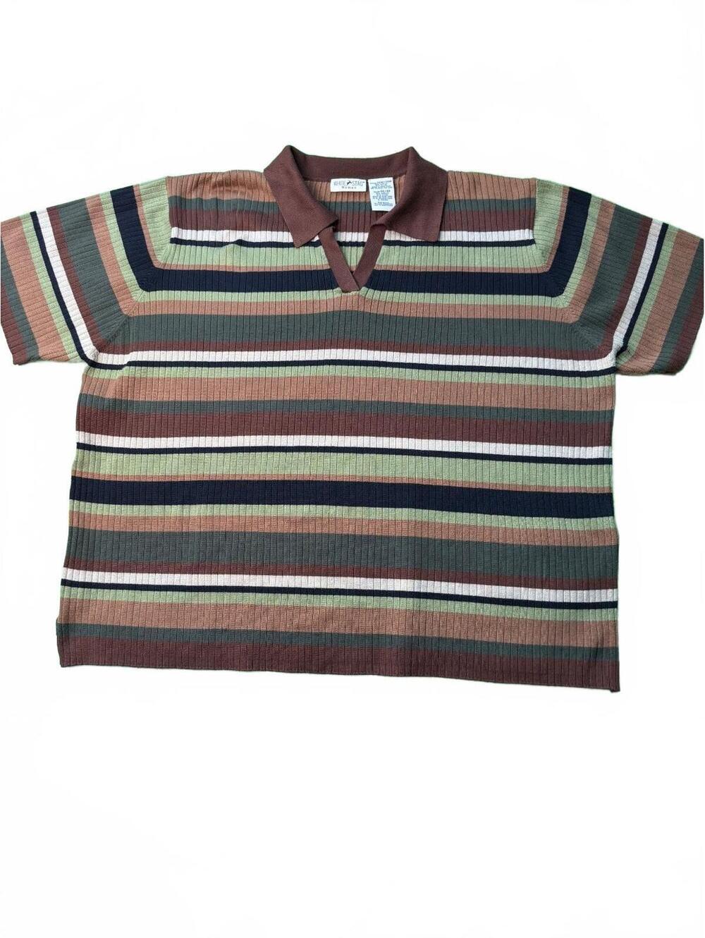 Vintage White Stag Striped Knit Polo 26W 28W 4X Y2K